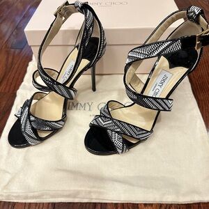 Jimmy Choo Lottie Patent Leather & Raffia Heels Black Size 38